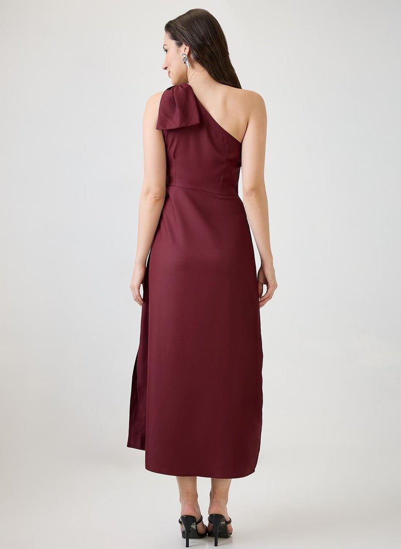 Globus Women's Maroon Party A-Line Maxi Dress with One Shoulder and Bow Detail - Image 4