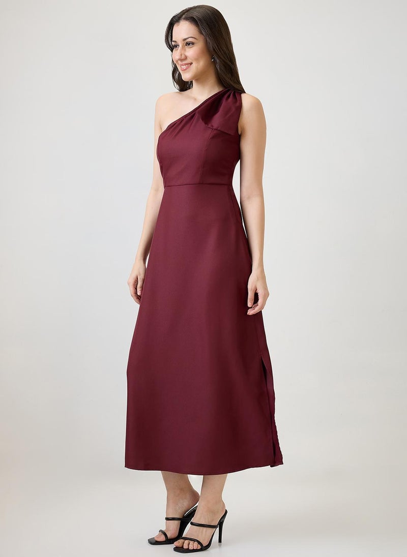 Globus Women's Maroon Party A-Line Maxi Dress with One Shoulder and Bow Detail - Image 3