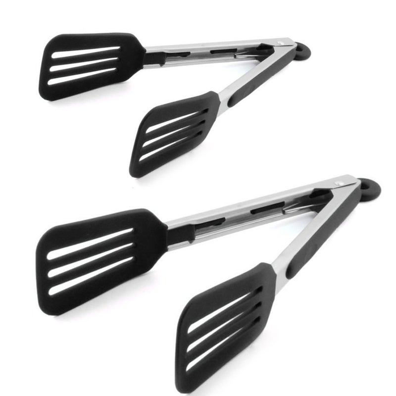 STARUBY Cooking Tongs 9 inches and 12 inches Stainless Steel Kitchen Silicone Serving Tong Heat Resistant Meat Turner Spatula Tongs with Locking Handle Joint