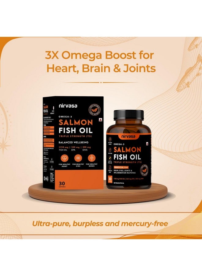 Nirvasa Omega 3 Salmon Fish Oil Softgel Capsules (Triple Strength) for Men & Women | 1250mg Salmon Fish Oil, 560mg EPA & 400mg DHA | No Fishy Burps | Supports Healthy Heart, Brain & Bones - 30 x 1 Cap - Image 3