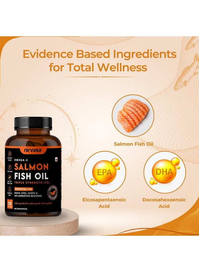 Nirvasa Omega 3 Salmon Fish Oil Softgel Capsules (Triple Strength) for Men & Women | 1250mg Salmon Fish Oil, 560mg EPA & 400mg DHA | No Fishy Burps | Supports Healthy Heart, Brain & Bones - 30 x 1 Cap - Image 5