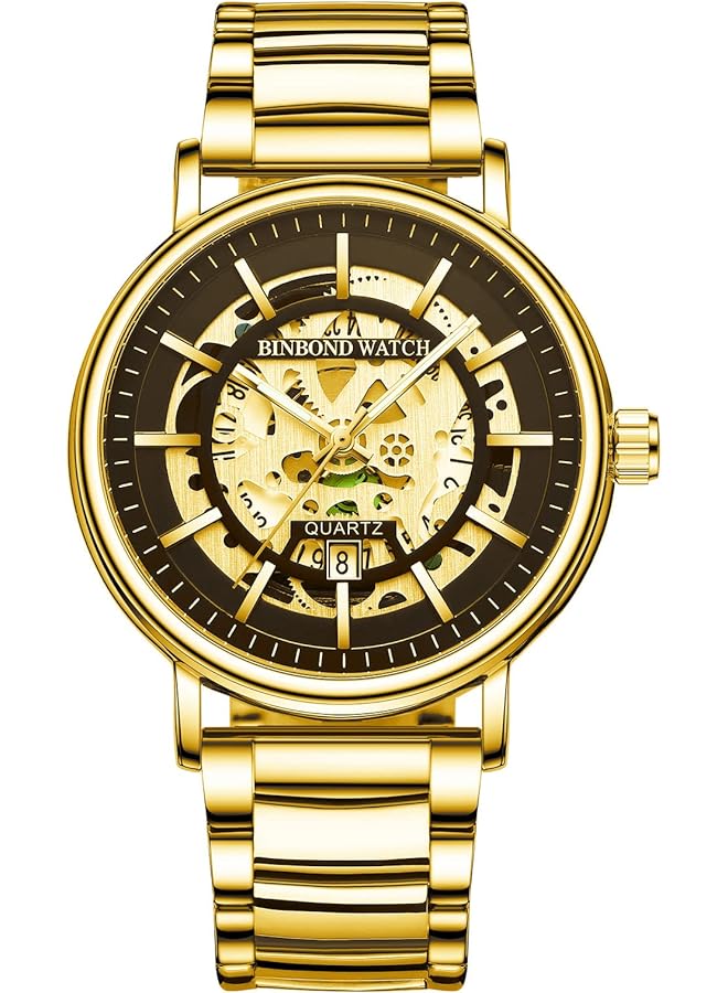 جوليري وي ساعة رجالي هيكل عظمي كوارتز تناظرية بتقويم ساعة يد دائرية من الفولاذ المقاوم للصدأ مقاومة للماء كاجوال للعمل - Image 1