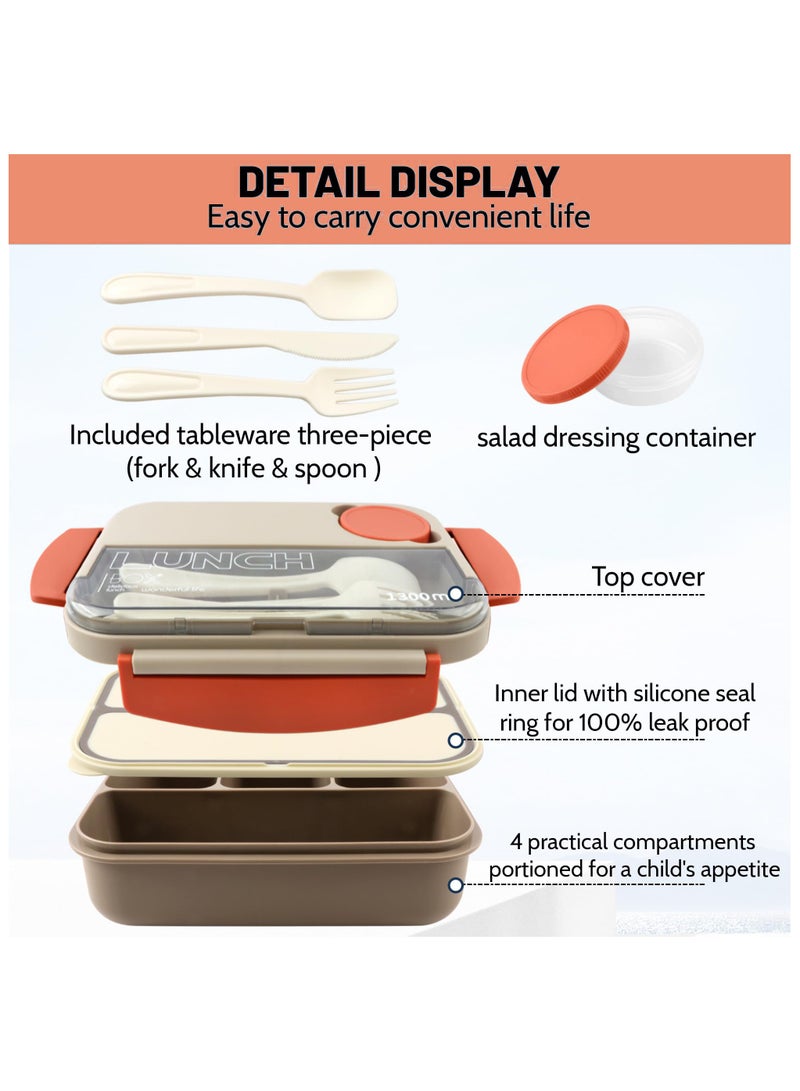 LKTOCAFT Bento Lunch Box for Kids and Adults, 1300ml Leakproof, Insulated, BPA-Free, 4 Compartments, Microwave & Dishwasher Safe, with Spoon and Sauce Containers for School & Office  - Image 3