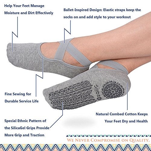 Ozaiic Yoga Socks for Women Non-Slip Grips & Straps, Ideal for Pilates, Pure Barre, Ballet, Dance, Barefoot Workout (2 Pairs- Black/Gray, one_size) - Image 2