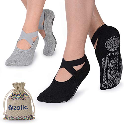 Ozaiic Yoga Socks for Women Non-Slip Grips & Straps, Ideal for Pilates, Pure Barre, Ballet, Dance, Barefoot Workout (2 Pairs- Black/Gray, one_size) - Image 1