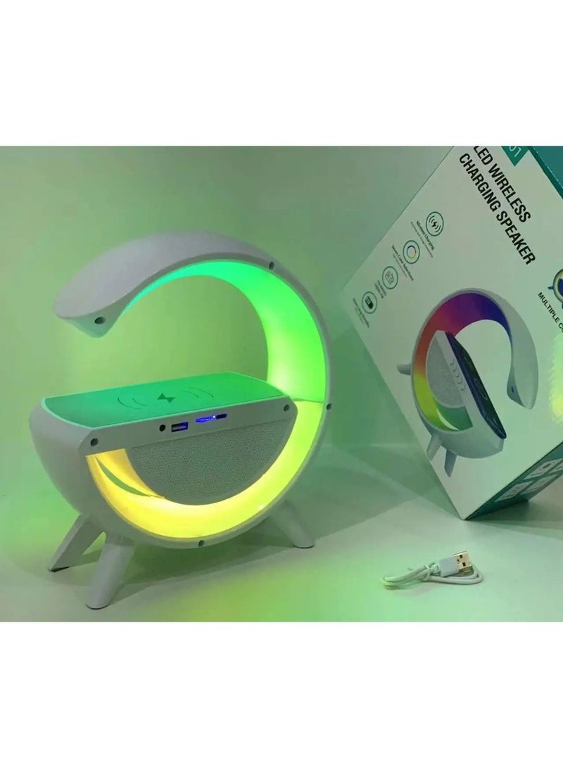 دريمزون مصباح بجانب السرير على شكل حرف G مع وظيفة الشحن اللاسلكي، ضوء الاستيقاظ، ساعة منبه ضوء النهار، مكبر صوت بلوتوث خافت، موسيقى مع شاحن لاسلكي 15 وات، ديكور، غرفة المعيشة - Image 1