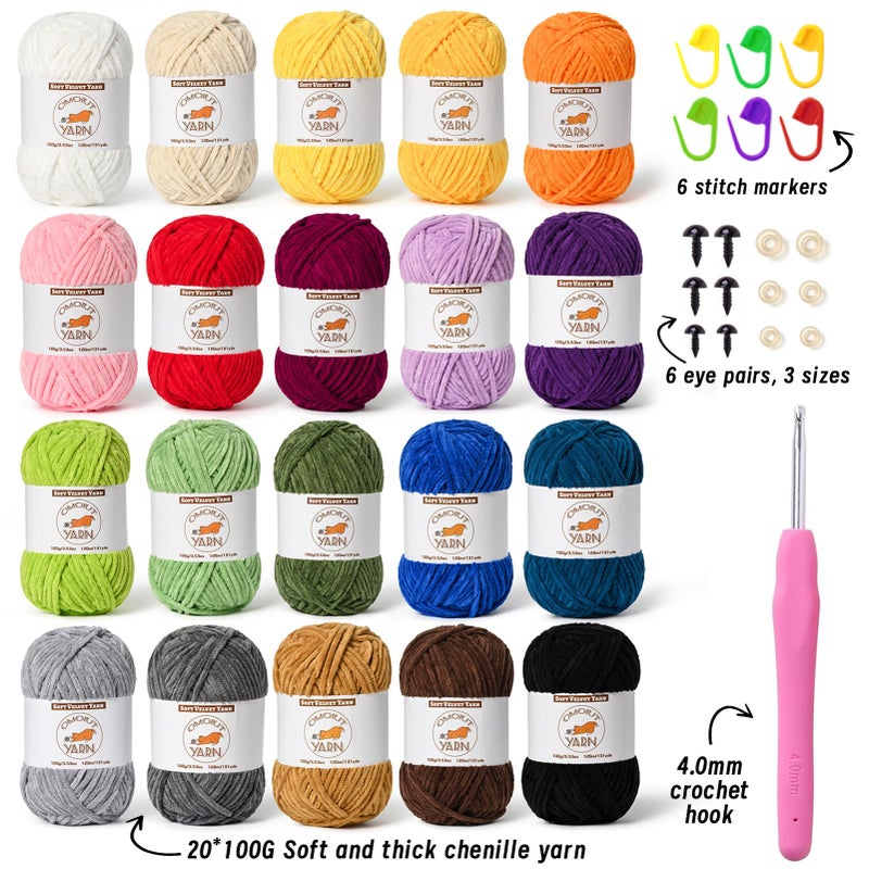OMoiut 20 Skeins Fluffy Chenille Yarn for Crocheting, Soft Bulky Velvet Yarn for Knitting, Plush Baby Blanket Crochet Yarn, 2620 Yards Multicolor Amigurumi Yarns for Crafts Set A - Image 2