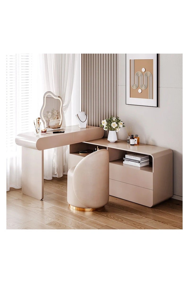 أيه دابليو دي طقم تسريحة عصري بلون كريمي مع مرآة LED مضيئة وكرسي مبطّن – طاولة مكياج بتخزين أدراج ورفوف مفتوحة – تصميم مودرن لغرفة النوم - Image 1