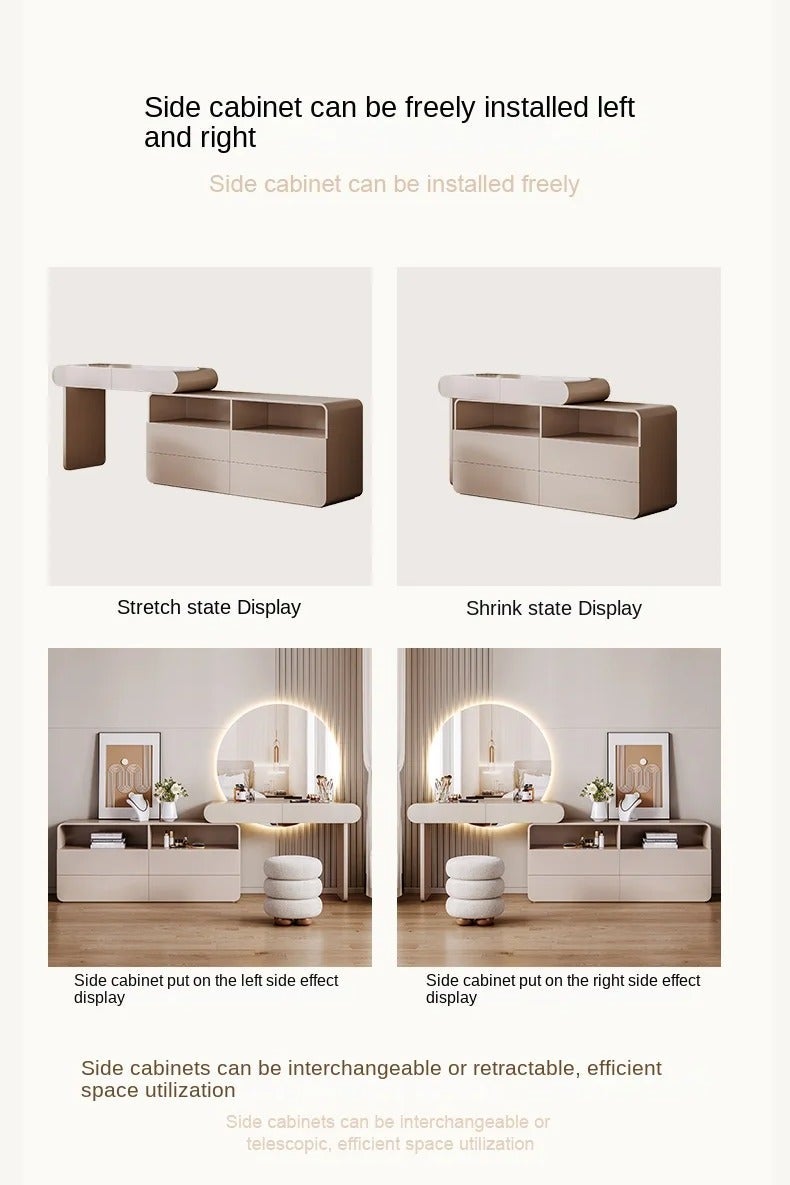 أيه دابليو دي طقم تسريحة عصري بلون كريمي مع مرآة LED مضيئة وكرسي مبطّن – طاولة مكياج بتخزين أدراج ورفوف مفتوحة – تصميم مودرن لغرفة النوم - Image 2