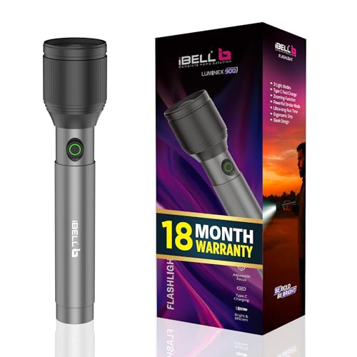 IBELL LUMINEX 900 Rechargeable Torch Pack of 2 | High Power LED Flashlight with 3 Light Modes,20W,4000 mah Battery,Telescopic Zoom,Type-C Charging | Long Distance Range, Durable Metal Body for Home - Image 2
