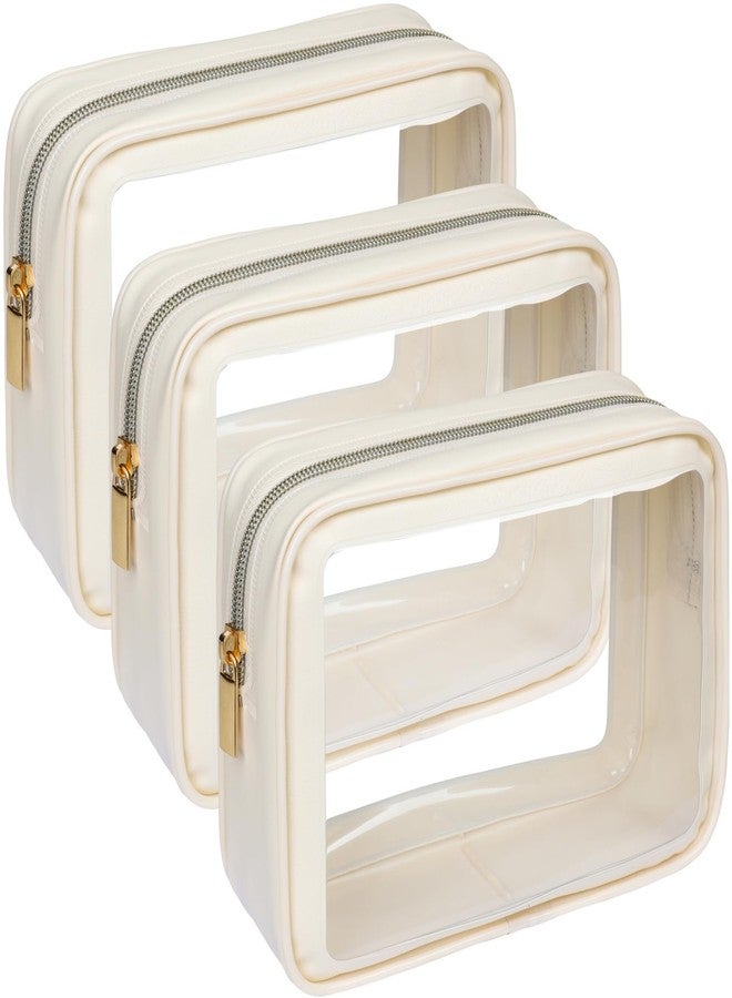 F-color TSA Approved Toiletry Bag - Clear Makeup Bag, 3 Pack, Beige - Image 1