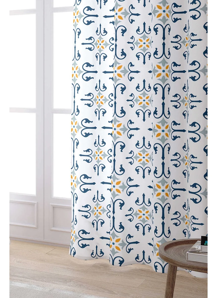 Cango Home White Blue Modern Ethnic Tile Patterned Digital Printed Curtain CGH579-PR