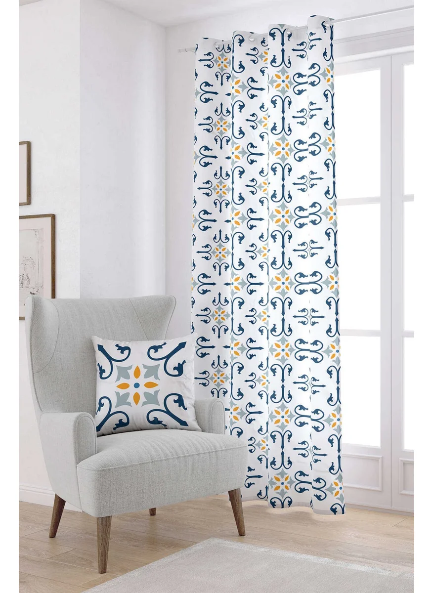 Cango Home White Blue Modern Ethnic Tile Patterned Digital Printed Curtain CGH579-PR