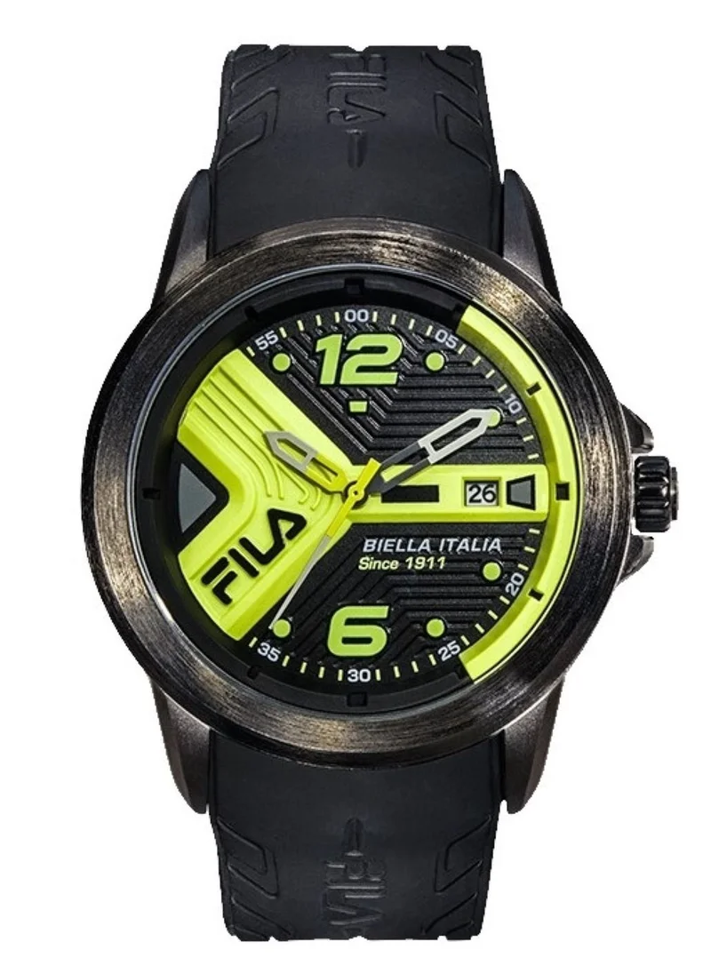 FILA Fila Active Unisex Analog Watch Black Alloy Case Black/Yellow Dial Black Silicone Strap , 38-170-204, size 43mm