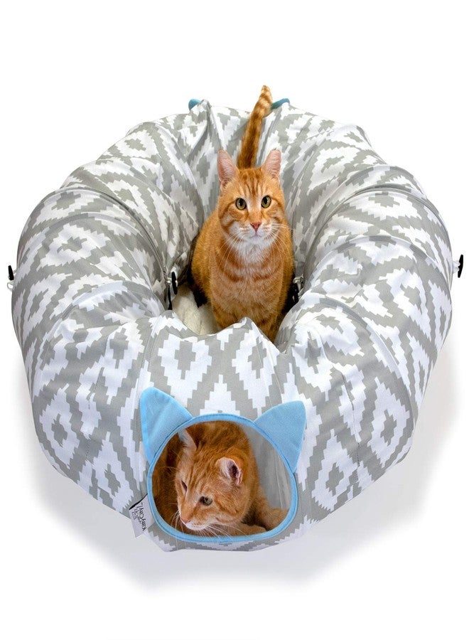 Kitty City Large Cat Tunnel Bed, 2-in-1 Zip-Together Cat Play Tunnel & Plush Nap Bed, Pop-Up Indoor Cat Toy with Hanging Toys, Collapsible Design - White - Image 1