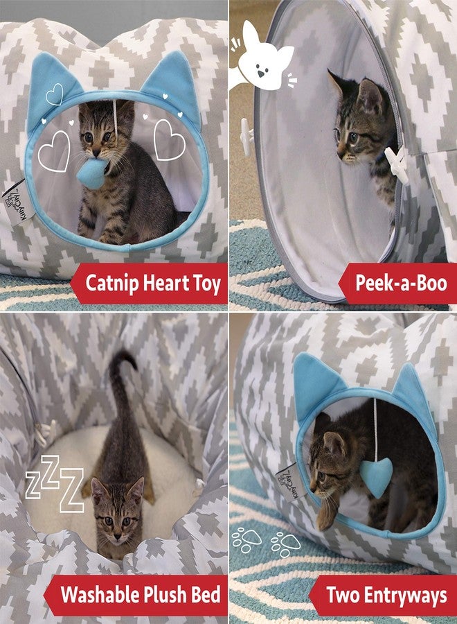 Kitty City Large Cat Tunnel Bed, 2-in-1 Zip-Together Cat Play Tunnel & Plush Nap Bed, Pop-Up Indoor Cat Toy with Hanging Toys, Collapsible Design - White - Image 2