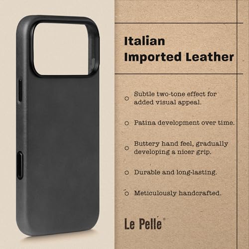 Le Pelle - Handcrafted Premium Italian Leather Case for iPhone 17 Pro - [Built-in Camera Control] - Compatible with Magsafe - Two-Tone Effect with Unique Patina Over Time - Black - Image 4