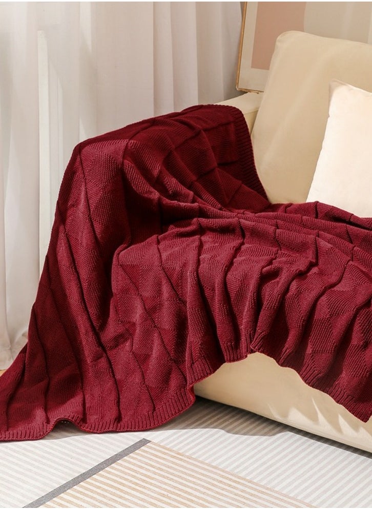 Loquat Solid Color Waffle Pattern Knitted Soft Throw Blanket Keep Warm Wine Red  - Image 1