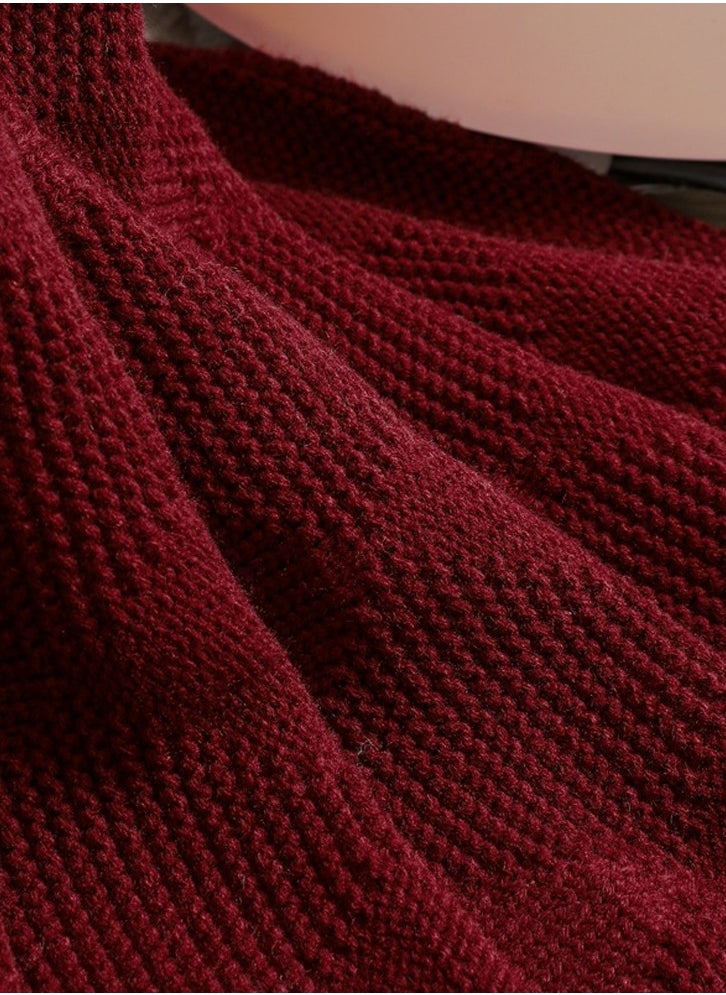 Loquat Solid Color Waffle Pattern Knitted Soft Throw Blanket Keep Warm Wine Red  - Image 3