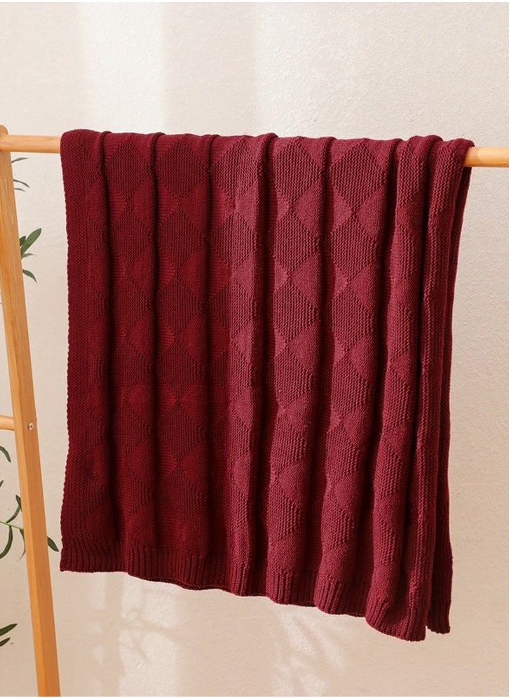 Loquat Solid Color Waffle Pattern Knitted Soft Throw Blanket Keep Warm Wine Red  - Image 2