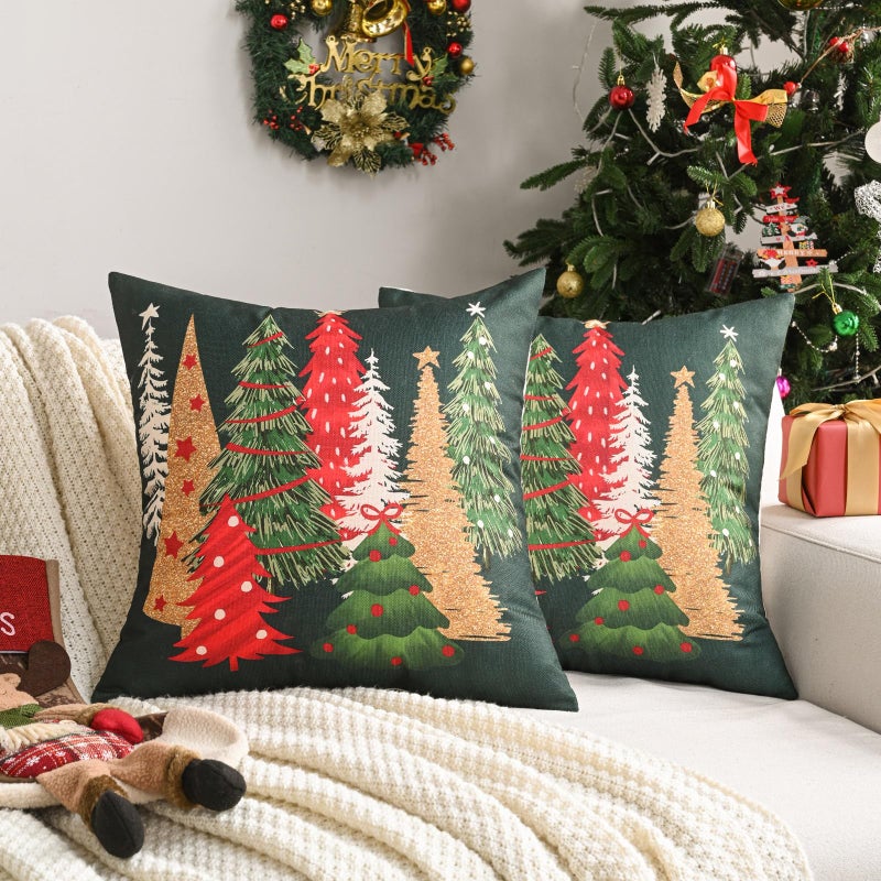 FUTEI Decorative Christmas Tree Pillow Covers 18x18 Inch Set of 2Christmas Green Linen Cushion Cases Winter Christmas Throw Pillows for Sofa Couch Bed Living Room - Image 2