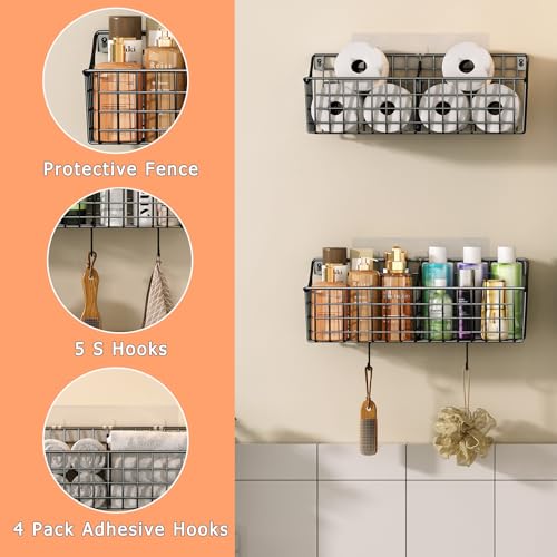 Sonyabecca 4 Pack EXTRA LARGE Hanging Wall Mount Storage Baskets With Divider, Metal Wire Basket With 4 Strong Adhesive Hooks +5 S Hooks,Organizing Wall Shelf for Home Kitchen Bathroom Pantry Garage RV, Black - Image 2