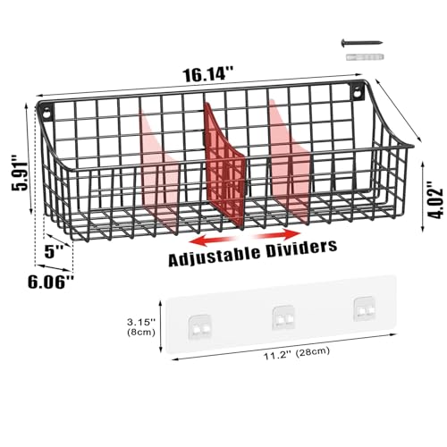 Sonyabecca 4 Pack EXTRA LARGE Hanging Wall Mount Storage Baskets With Divider, Metal Wire Basket With 4 Strong Adhesive Hooks +5 S Hooks,Organizing Wall Shelf for Home Kitchen Bathroom Pantry Garage RV, Black - Image 3