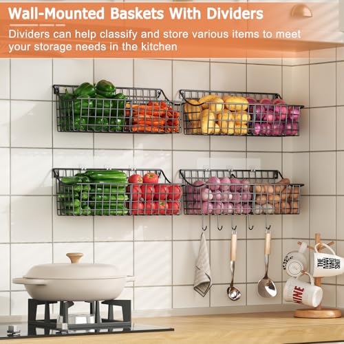 Sonyabecca 4 Pack EXTRA LARGE Hanging Wall Mount Storage Baskets With Divider, Metal Wire Basket With 4 Strong Adhesive Hooks +5 S Hooks,Organizing Wall Shelf for Home Kitchen Bathroom Pantry Garage RV, Black - Image 4