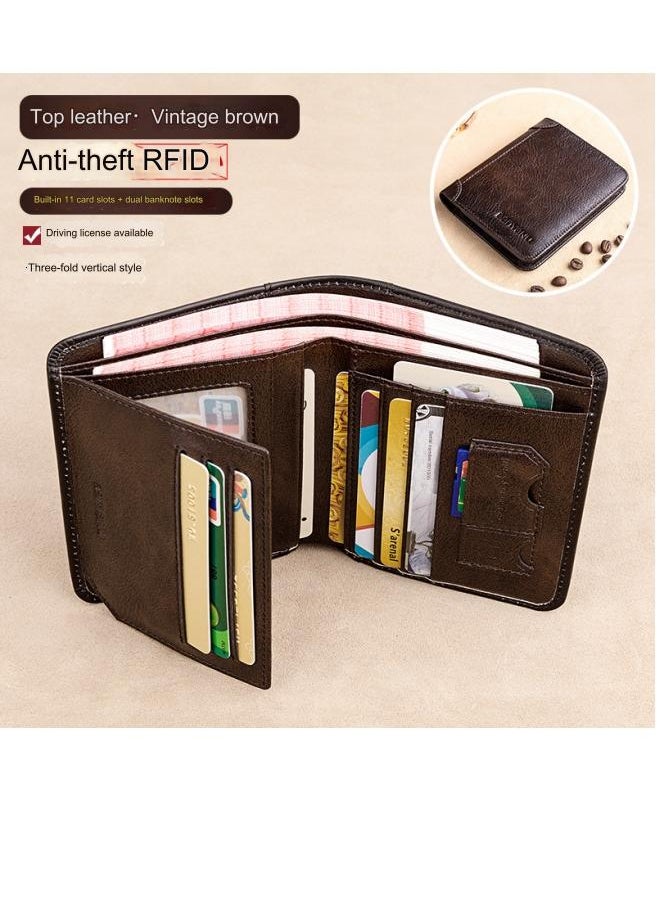 بانيانو محفظة رجالية من الجلد الطبيعي RFID مضادة للسرقة، محفظة عمودية من جلد البقر من الطبقة الأولى باللون البني  - Image 1