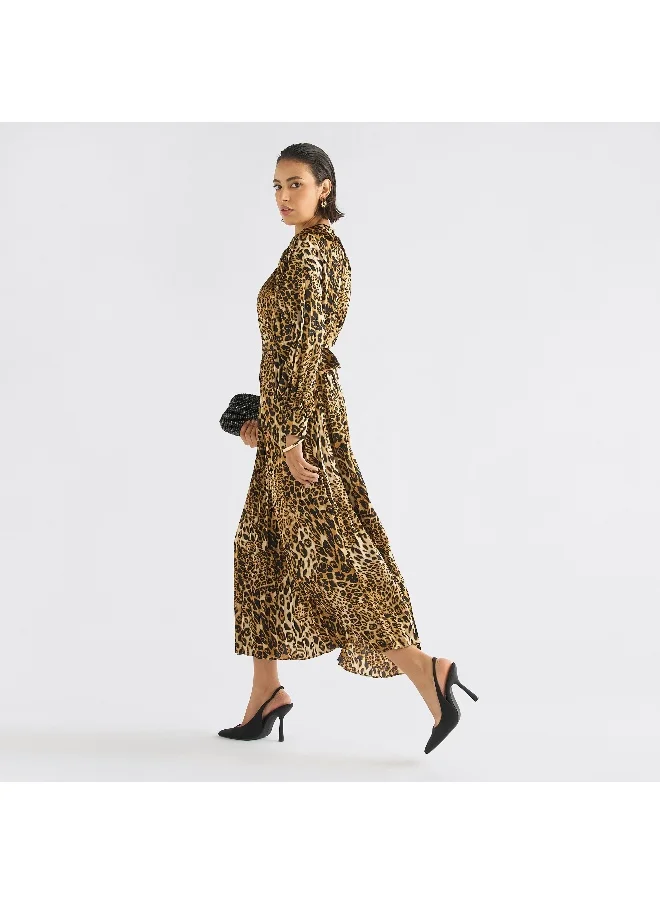 FAV Animal Print Midi Dress with High Neck and Long Sleeves