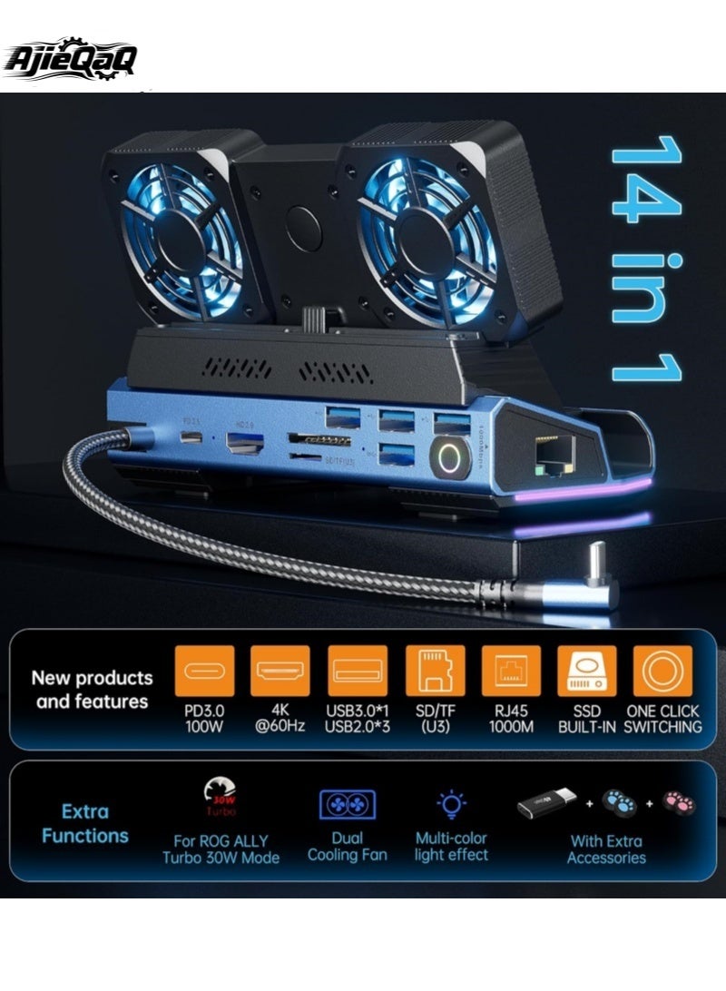 أجي كاك محطة إرساء Steam Deck 14 في 1 مزودة بمروحة تبريد قابلة للفك وعلبة M.2 NVMe، ودعم 4K بمعدل 60 هرتز، وشبكة إيثرنت بسرعة 1000 ميجابت في الثانية، وفتحات SD/TF، و4 منافذ USB-A، وشاحن PD بقدرة 100 واط، ومحول بسرعة 40 جيجابت في الثانية لأجهزة Steam Deck/Rog Ally/Switch/Legion Go - Image 2