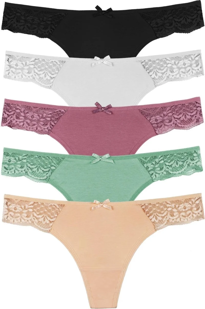 Sensu Women's Lace Detailed Thong 5-Piece Panties Set - KTS2075