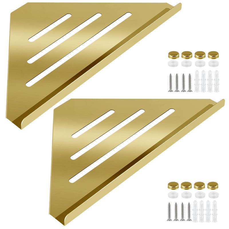 2 Pcs 304 Stainless Steel Corner Shelf with Screws Triangle Shower Caddy Wall Mount Soap Holder for Bathroom Kitchen Organization Polished Gold