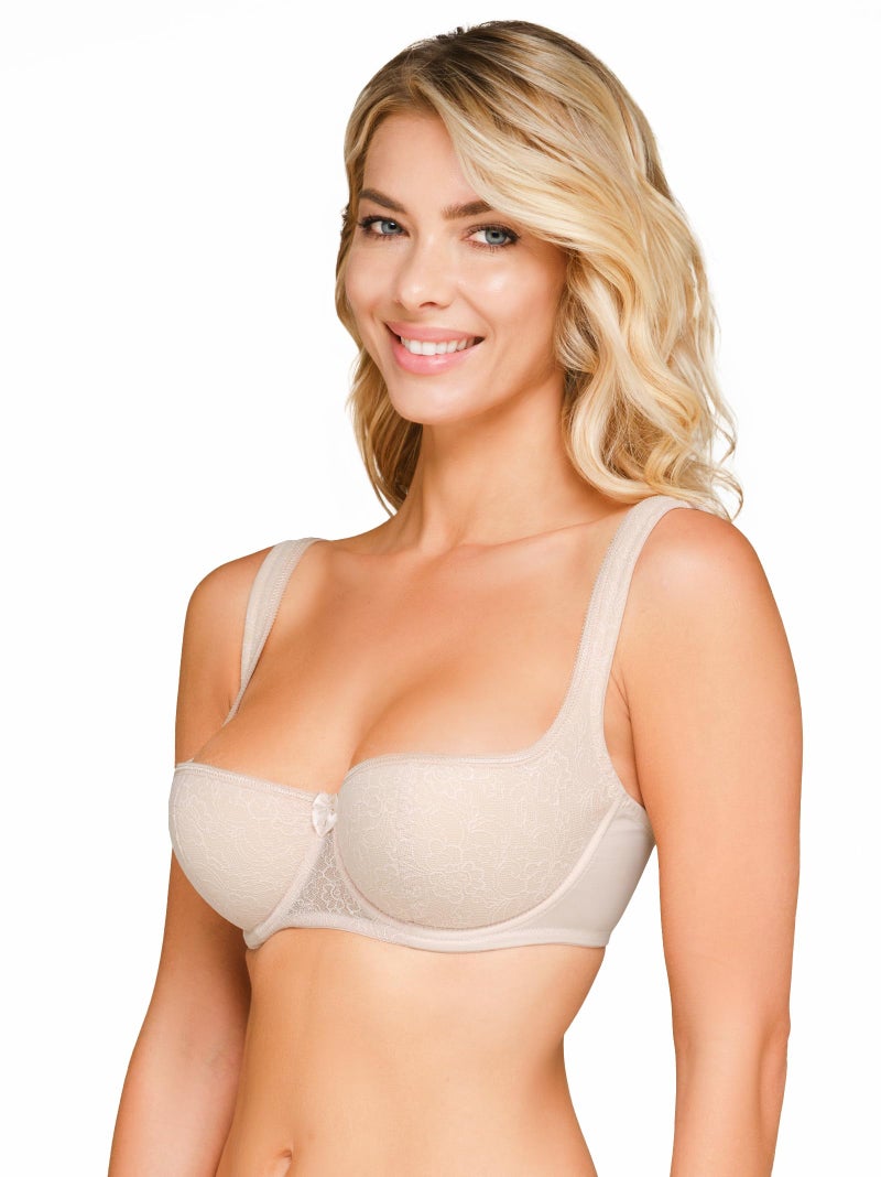 Rosme Women's Balconette Bra with Push Up Effect â€“ Plus Size Sexy Lace Demi Half Cup Bra â€“ Lightly Padded Underwired Low Cut Mesh Design Grand, Beige, Size 36C - Image 3