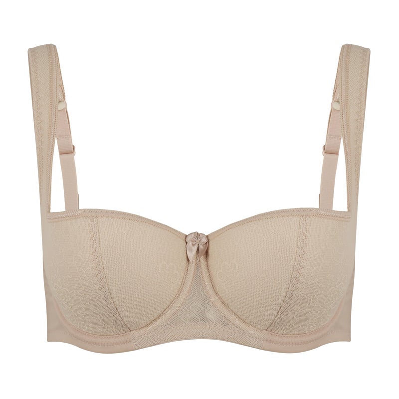 Rosme Women's Balconette Bra with Push Up Effect â€“ Plus Size Sexy Lace Demi Half Cup Bra â€“ Lightly Padded Underwired Low Cut Mesh Design Grand, Beige, Size 36C - Image 4
