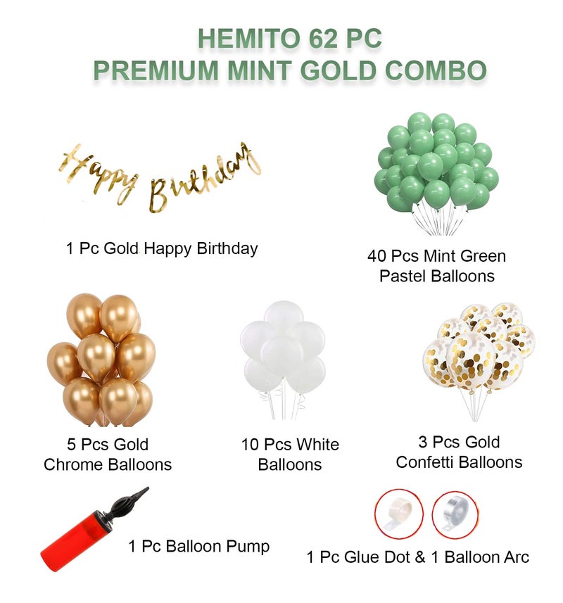 Hemito Birthday Decoration Kit 62 Pieces - Green Gold Balloons Combo with Birthday Paper Banner, Arc, Glue Dot, Balloon Pump for Boys Kids Baby Birthday Decoration Items | Birthday Decoration Items - Image 2