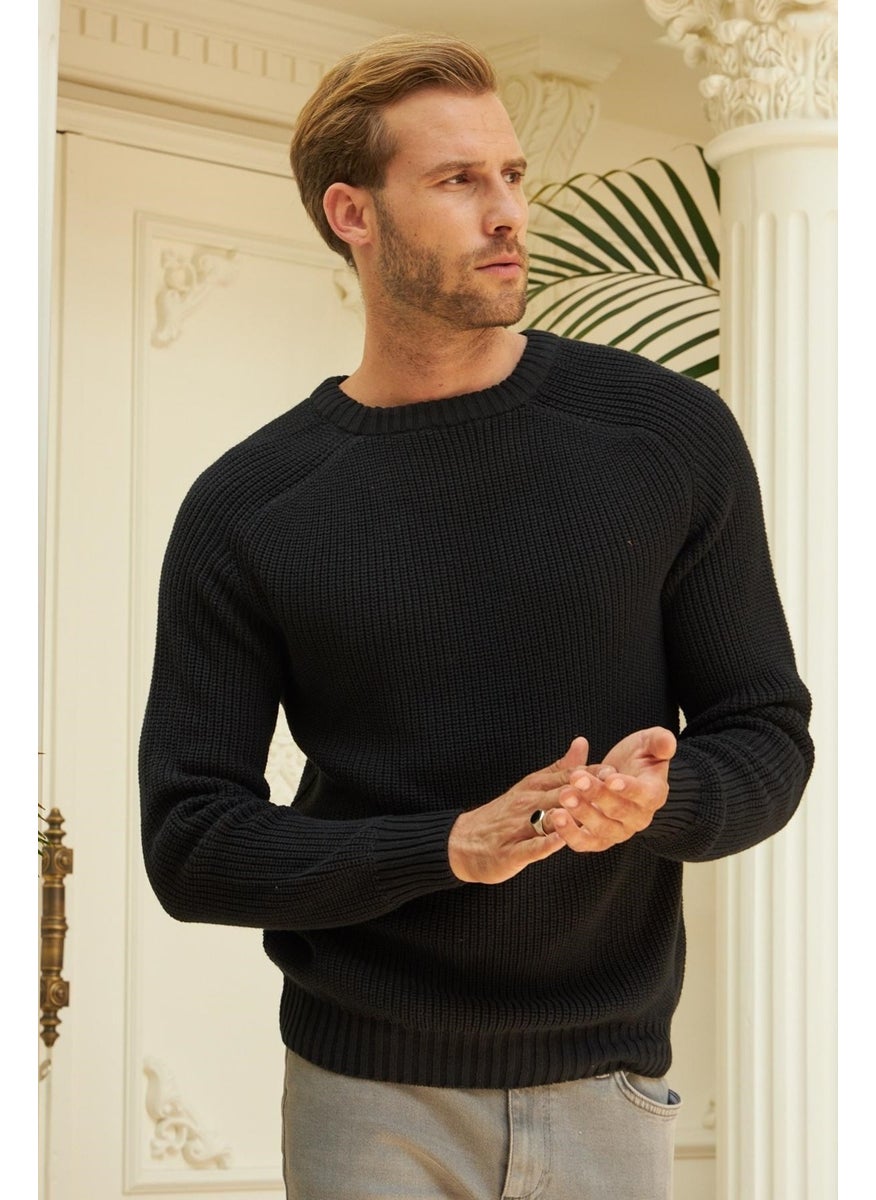 Odelon Men's Crew Neck Thessaloniki Knitted Cotton Knitwear Sweater Black  - Image 4