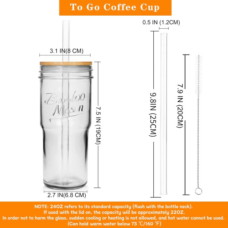 ANOTION Glass Cups with Lids and Straws 4 Packs, 24oz Travel Coffee Mug Bamboo Mason Jar Valentines Party Drinking Jars Glasses Cute Clear Glass Tumbler for Iced Coffee, Smoothie, Tea, Water - Image 2