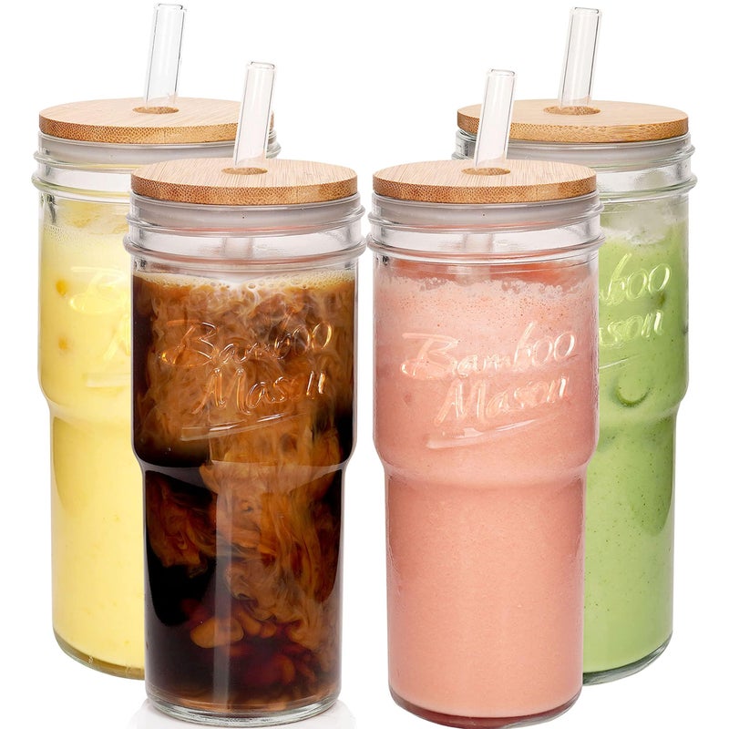 ANOTION Glass Cups with Lids and Straws 4 Packs, 24oz Travel Coffee Mug Bamboo Mason Jar Valentines Party Drinking Jars Glasses Cute Clear Glass Tumbler for Iced Coffee, Smoothie, Tea, Water - Image 1