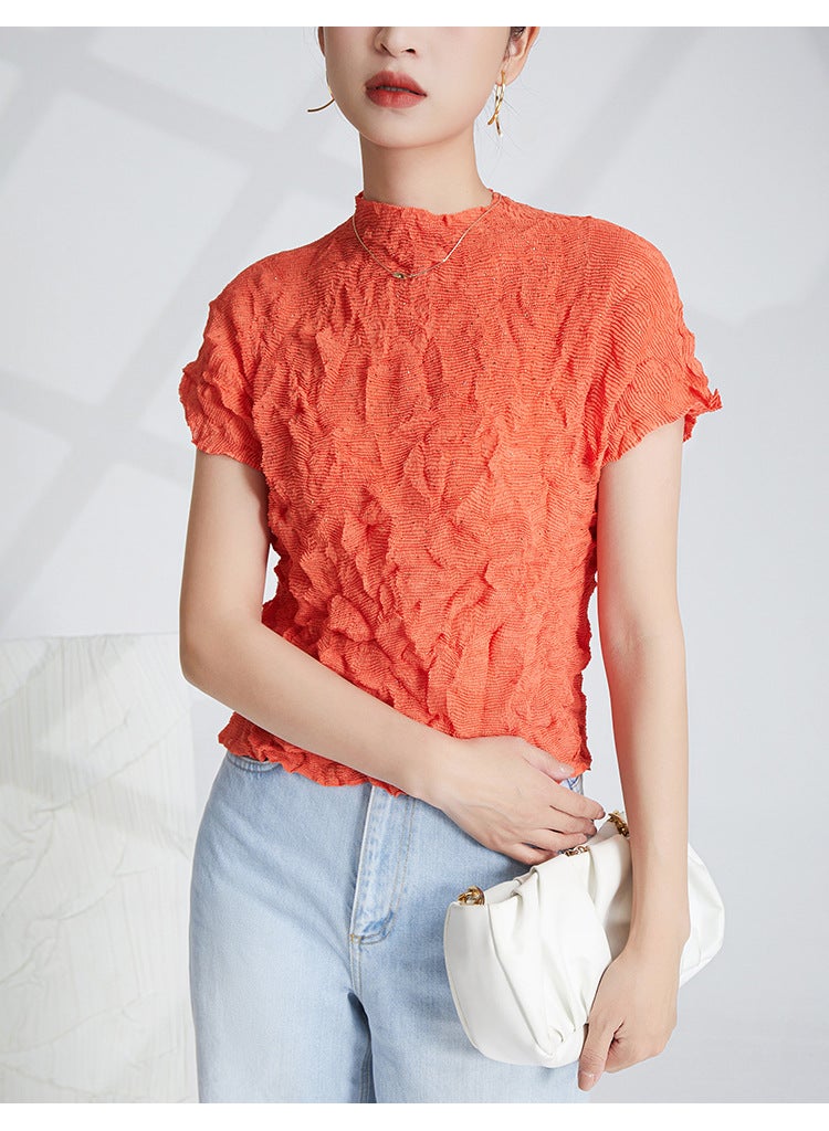 Nanyou High-End Women'S Miyake Short-Sleeved T-Shirt Slim-Fit Design Niche Grab Diamond-Encrusted Stretch All-Match Top - Image 1