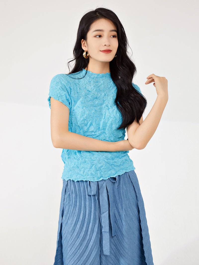 Nanyou High-End Women'S Miyake Short-Sleeved T-Shirt Slim-Fit Design Niche Grab Diamond-Encrusted Stretch All-Match Top - Image 5