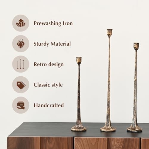 WOLAOJA Set of 3 Candle Stick Holders, Iron Antique Gold Candlestick Holders, Fits 3/4 inch Thick Candles, Tapered Candle Holders Tall Set for Dining Table, Wedding, Home Decoration - Image 4