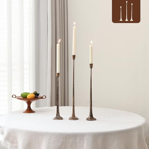 WOLAOJA Set of 3 Candle Stick Holders, Iron Antique Gold Candlestick Holders, Fits 3/4 inch Thick Candles, Tapered Candle Holders Tall Set for Dining Table, Wedding, Home Decoration - Image 1