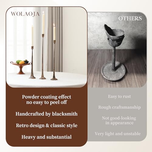 WOLAOJA Set of 3 Candle Stick Holders, Iron Antique Gold Candlestick Holders, Fits 3/4 inch Thick Candles, Tapered Candle Holders Tall Set for Dining Table, Wedding, Home Decoration - Image 5
