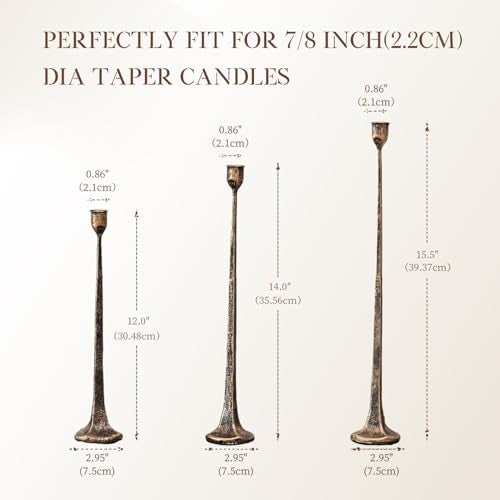 WOLAOJA Set of 3 Candle Stick Holders, Iron Antique Gold Candlestick Holders, Fits 3/4 inch Thick Candles, Tapered Candle Holders Tall Set for Dining Table, Wedding, Home Decoration - Image 3