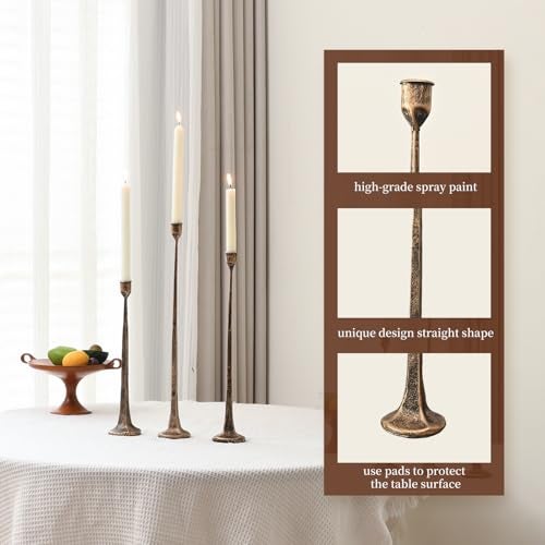 WOLAOJA Set of 3 Candle Stick Holders, Iron Antique Gold Candlestick Holders, Fits 3/4 inch Thick Candles, Tapered Candle Holders Tall Set for Dining Table, Wedding, Home Decoration - Image 2
