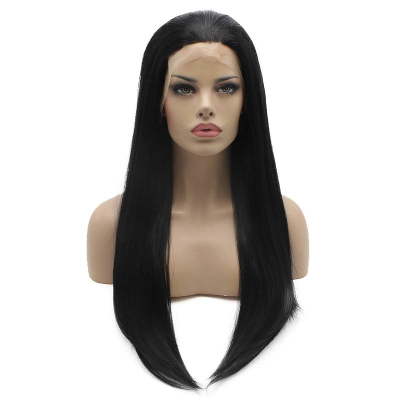 Lushy Lushy Straight Long 24inch Silky Black Wig Heat Friendly Heavy Density Realistic Synthetic Lace Front Wig 