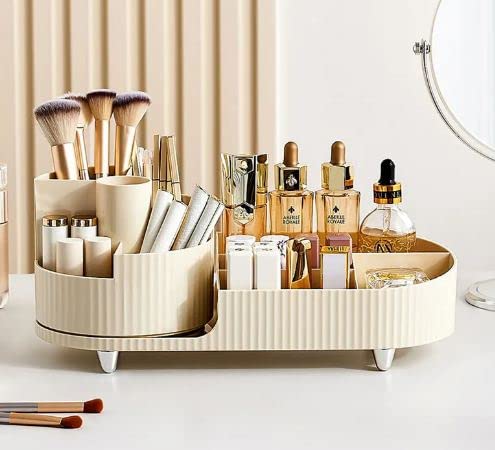 Crobat Desktop Makeup Organizer Cosmetic Storage Box Makeup Brush Holder Eyeshadow Palette Skincare Organizer Container For Women luxurious look (ivory color) - Image 1