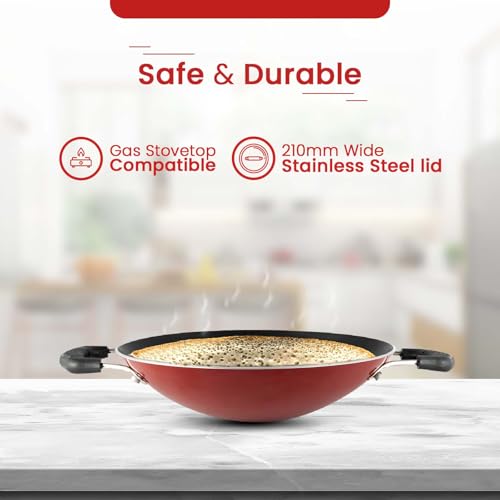 blueberry's 𝗕𝗹𝘂𝗲𝗯𝗲𝗿𝗿𝘆❜𝘀 Premium Nonstick Aluminium Appam Pan with Lid, Appachatty Appam Maker 200mm, 1-Year Warranty -Red Black - Image 4