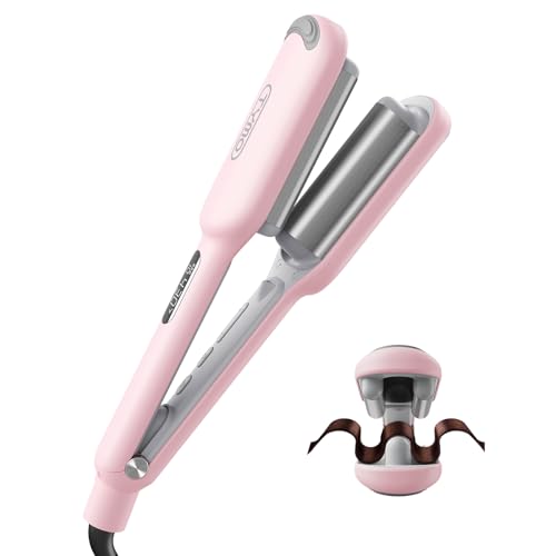 TYMO Curling Iron Hair Crimper Waver - TYMO ROVY Beach Waves Curling Wand, Ionic Deep Waver Hair Curler Tool with Ceramic 3 Barrel for Women, Dual Voltage, Anti-Scald, Easy to Use, Pink, 1 Inch - Image 1